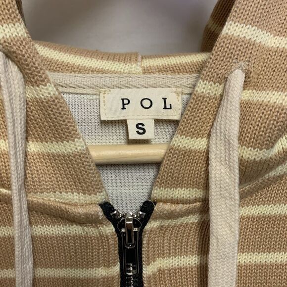 POL Tan Cream Striped Full Zip Front Long Sleeve Drawstring Hoodie Size S - Picture 3 of 13